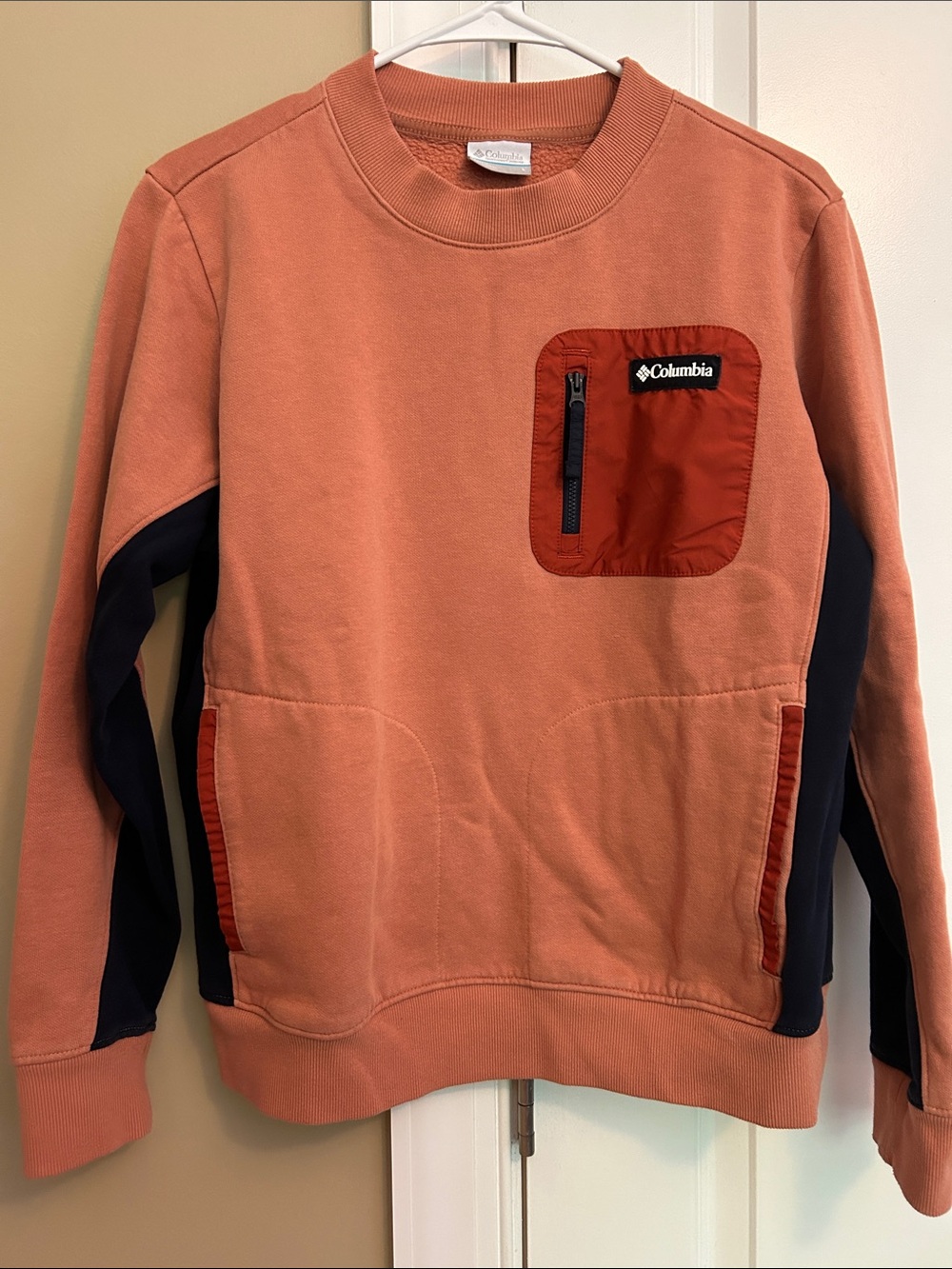 Columbia Women’s Rust Crewneck Sweatshirt with Navy Panels and Chest Pocket